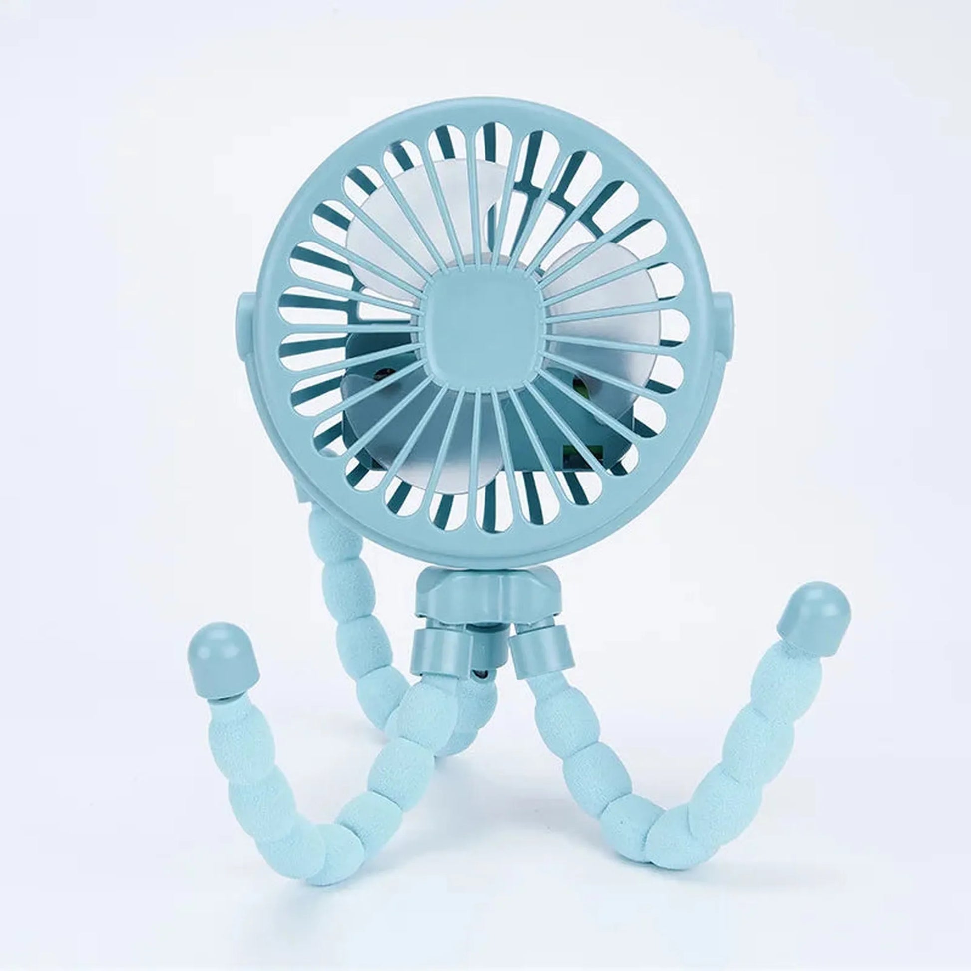 Light blue portable rechargeable stroller fan with flexible tripod legs.