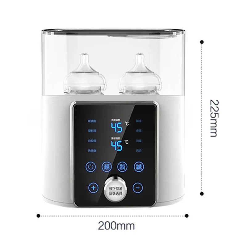 White dual electric bottle warmer with sterilizer, digital display, and two bottles.