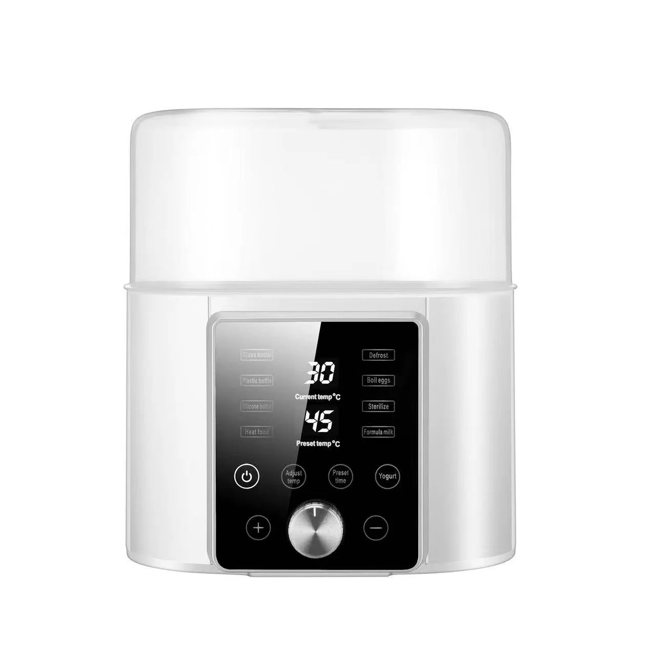 White electric double bottle warmer and sterilizer with digital display and timer.