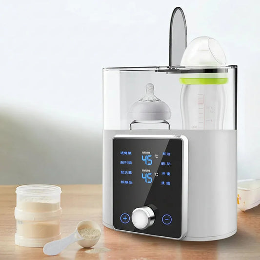 White dual electric bottle warmer with sterilizer, digital display, and two baby bottles.