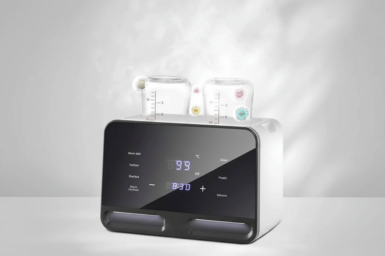 White digital baby bottle warmer and sterilizer with two bottles, a black touchscreen display, and steam.