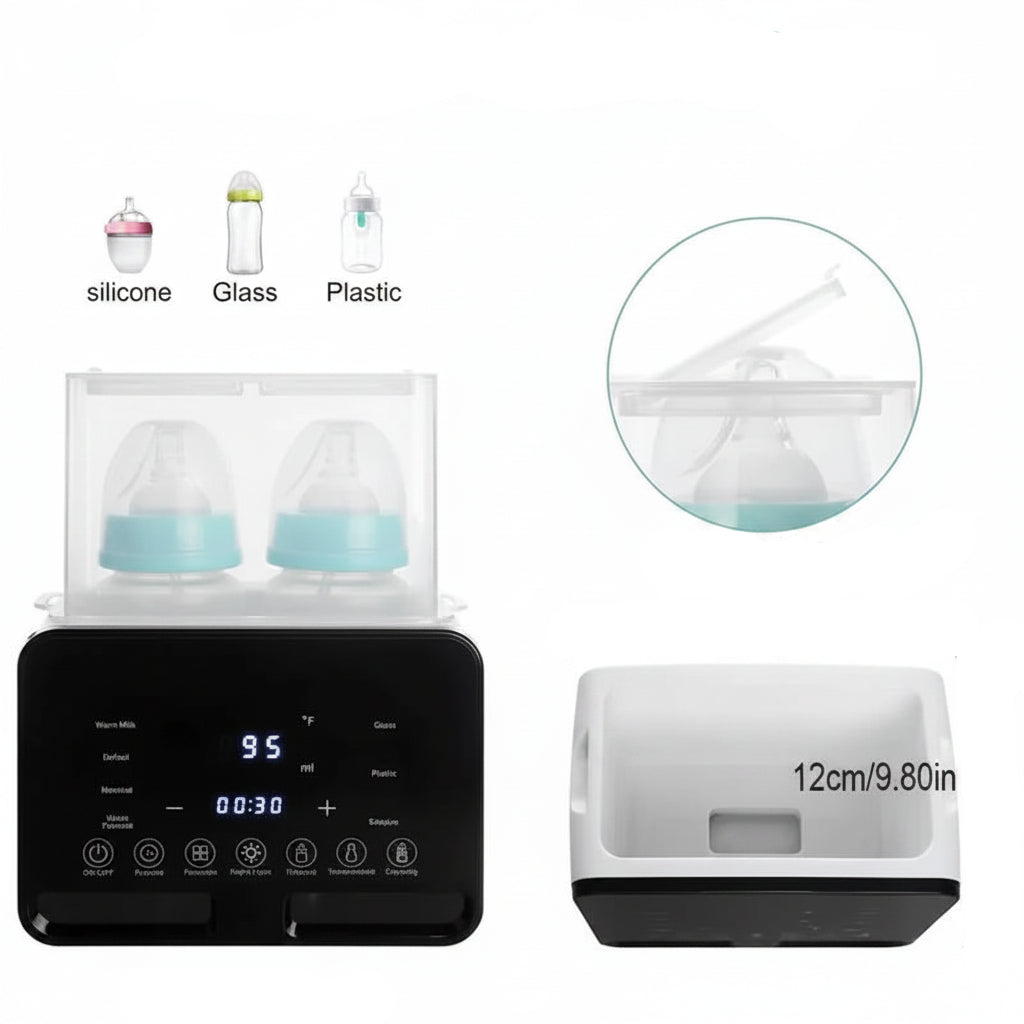 Black digital double bottle warmer and sterilizer with clear lid, touchscreen, and dimensions shown.