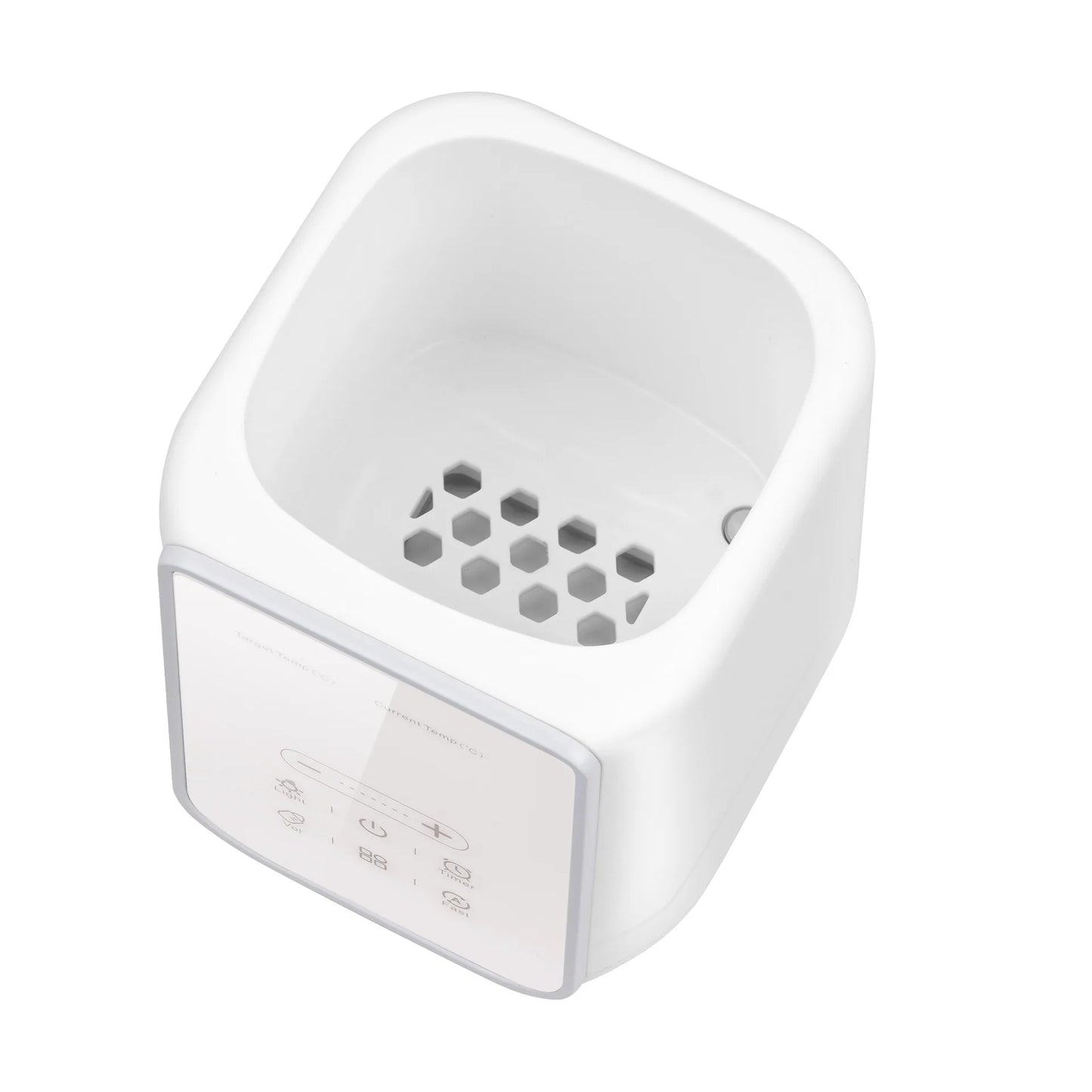 White baby bottle warmer and sterilizer with digital display and honeycomb base.