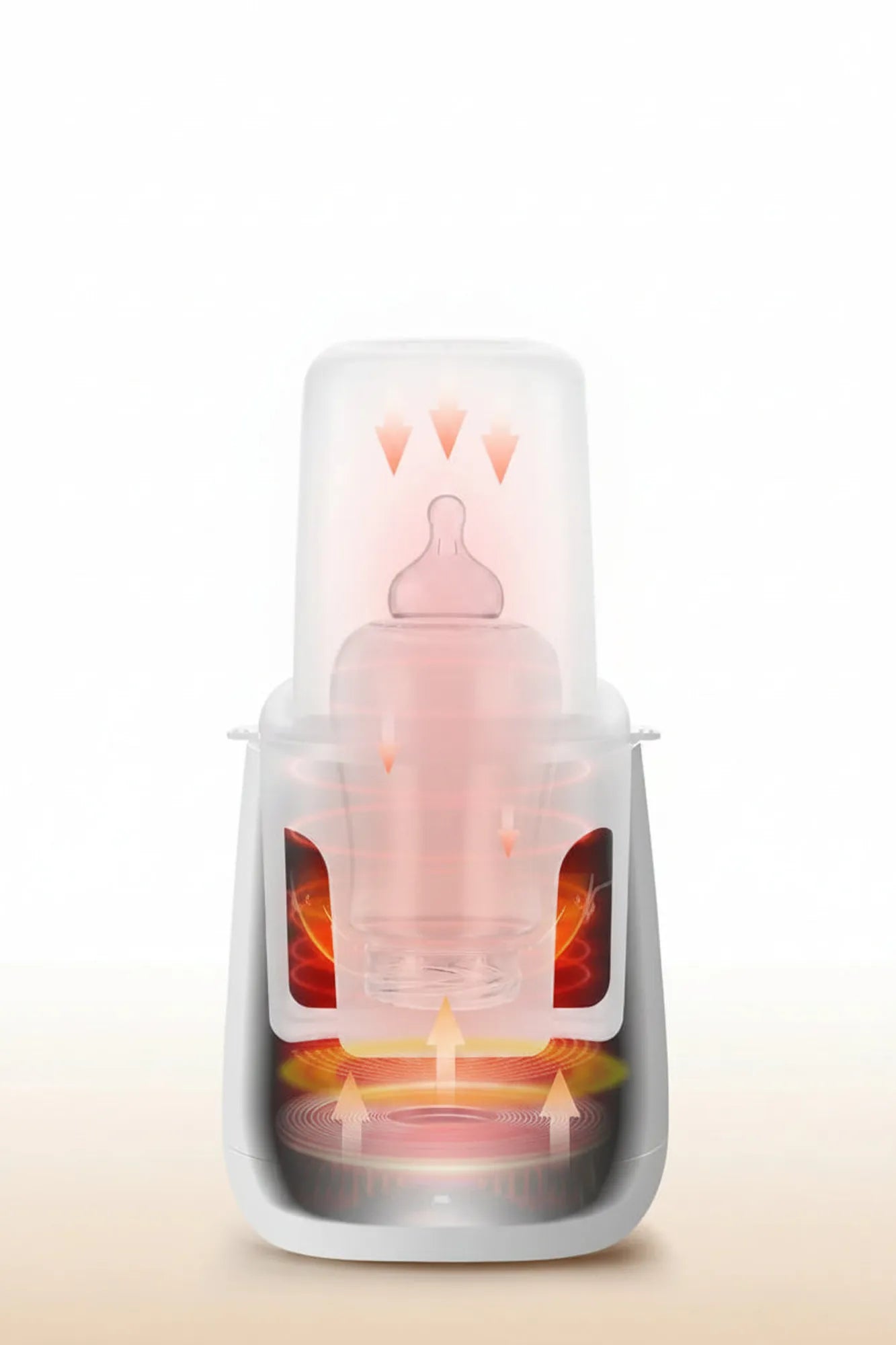 White digital 6-in-1 bottle warmer and sterilizer with a clear baby bottle inside, showing heating and sterilization.