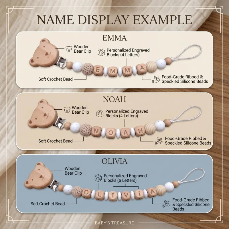 Personalized pacifier clip with wooden bear clip, engraved name blocks, and silicone/wood beads.
