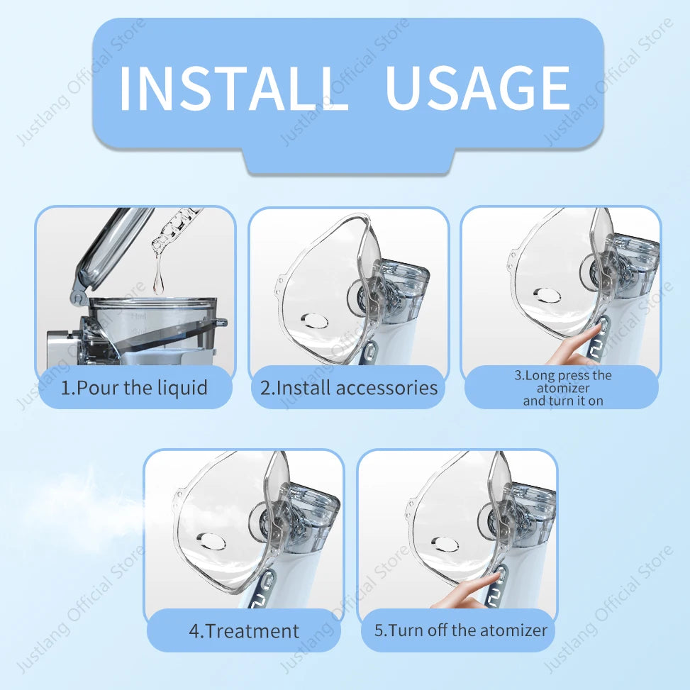 Instructions for using a portable blue mesh nebulizer, showing liquid pouring, accessory installation, and operation.