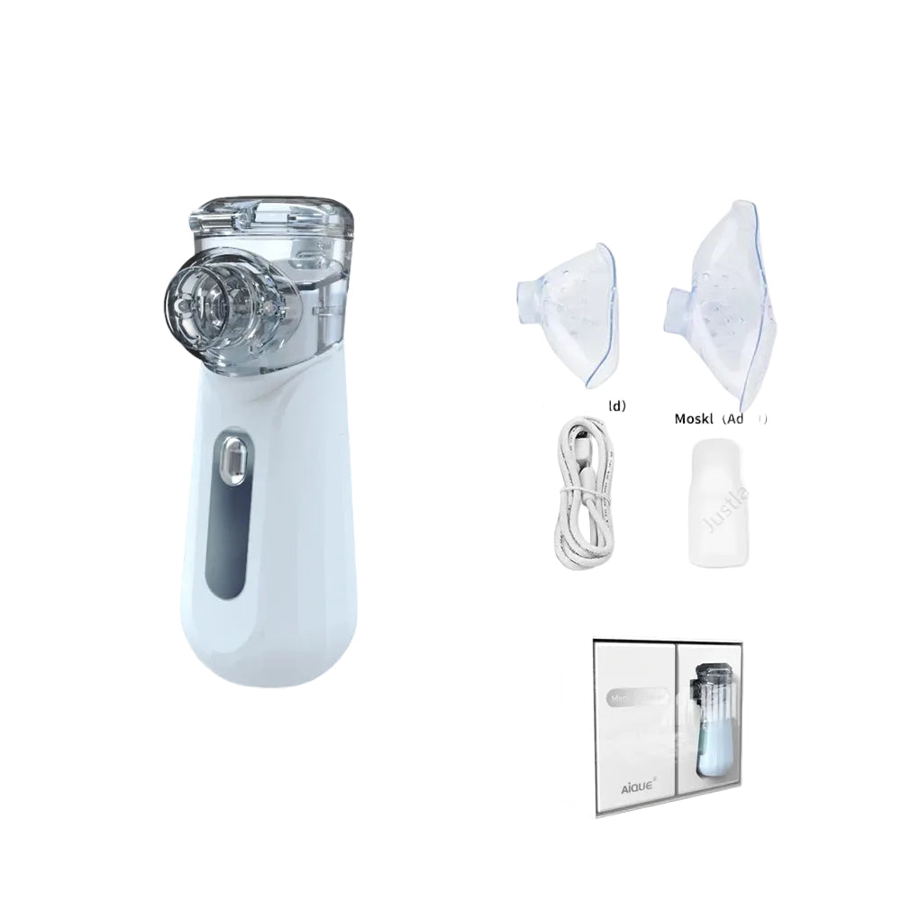 White portable mesh nebulizer with child and adult masks, USB cable, mouthpiece, and packaging.