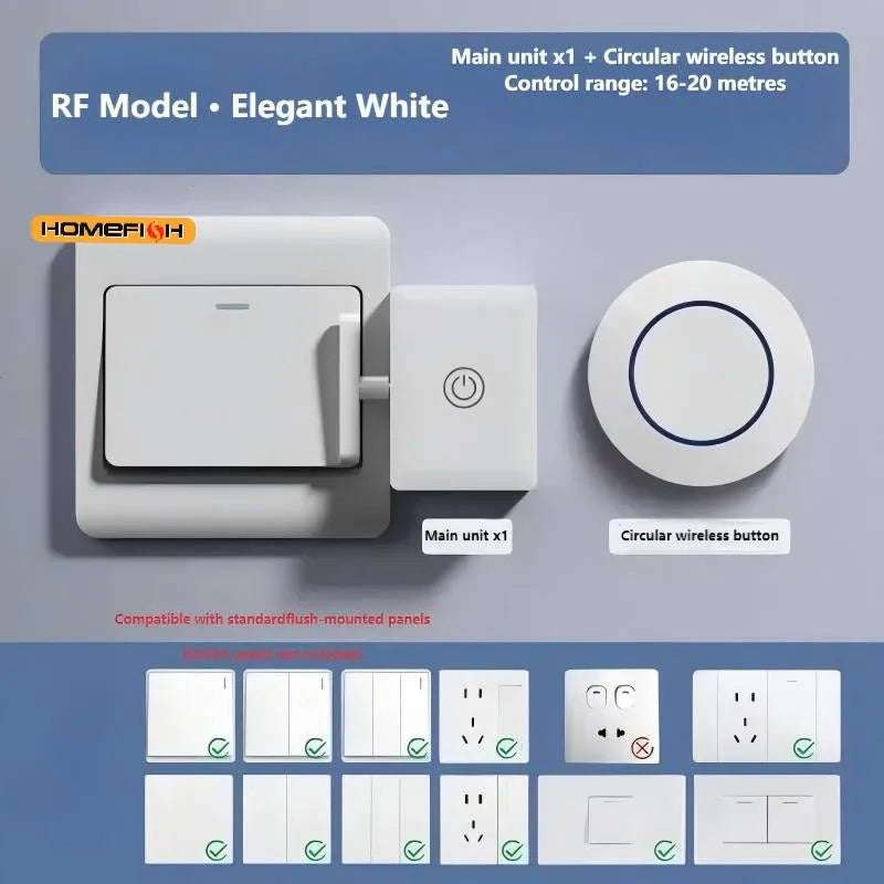 White smart switch remote control system with main unit and circular wireless button.