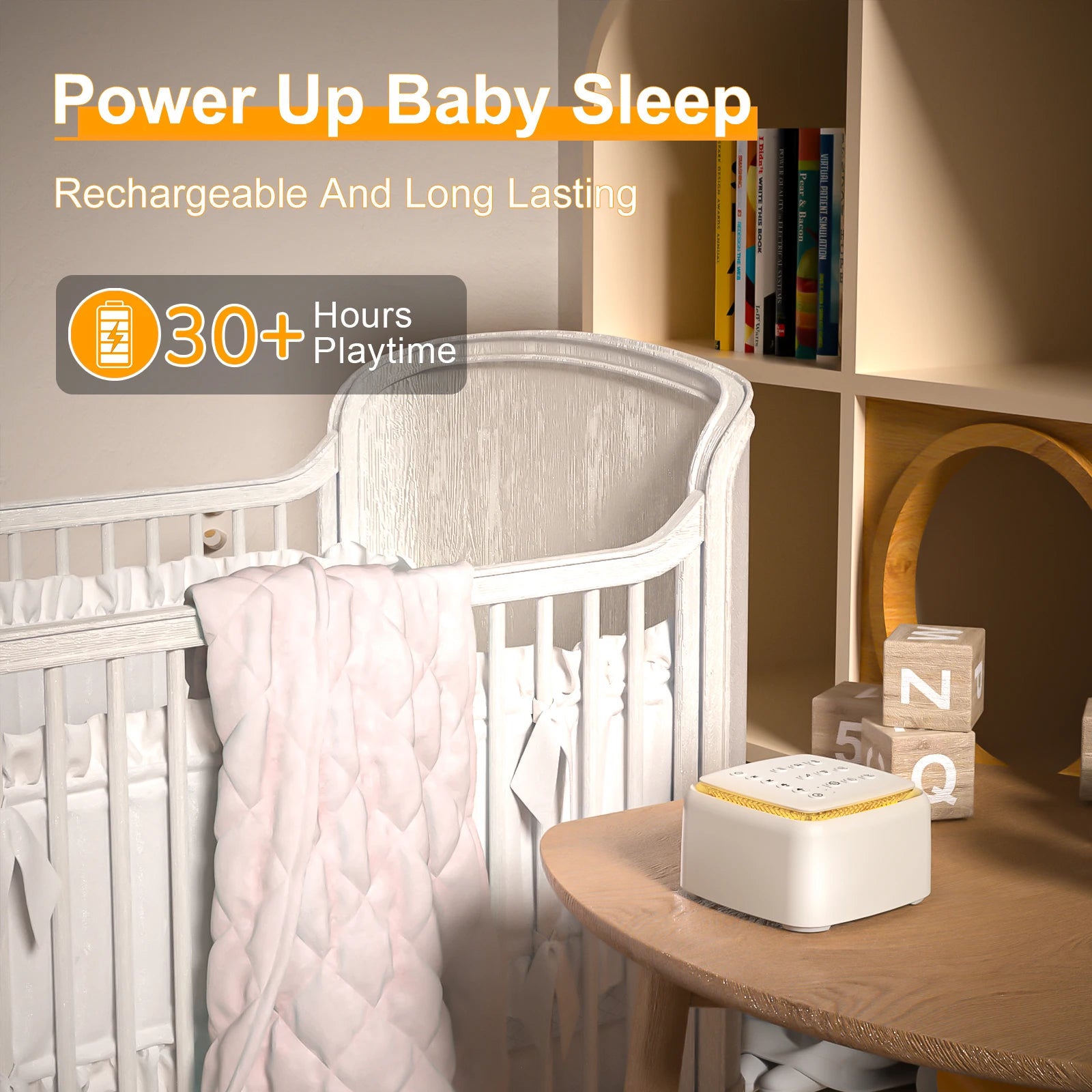 White portable sound machine with gold accents and night light, next to a baby crib.