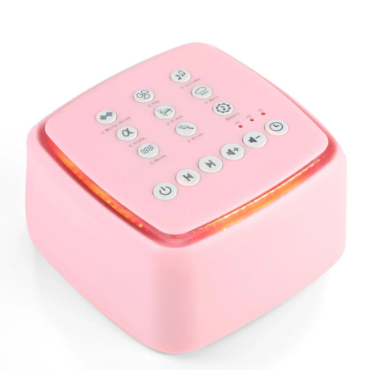 Pink portable white noise machine with 30 soothing sounds and warm night light.