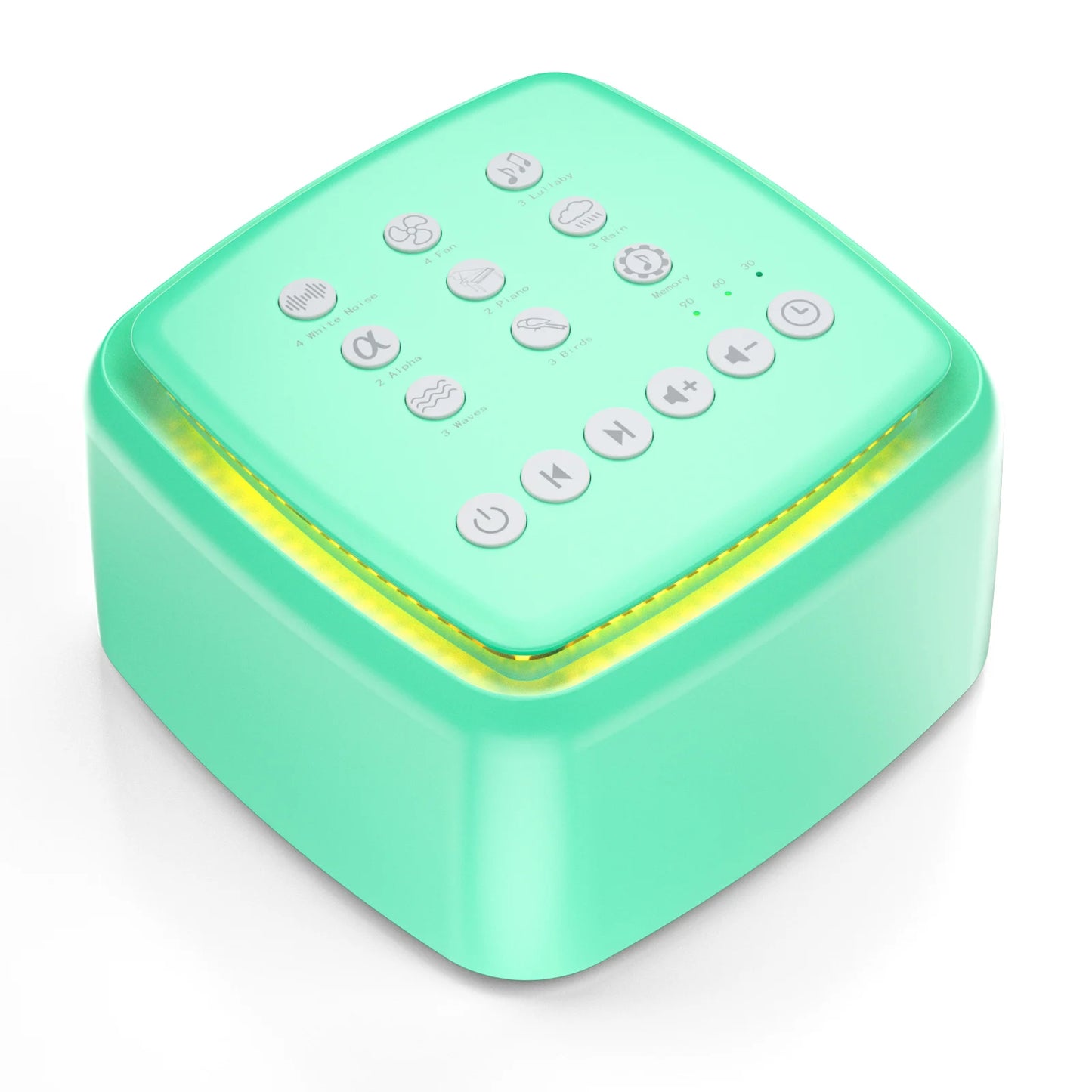 Mint green portable white noise machine with 30 soothing sounds and warm night light.