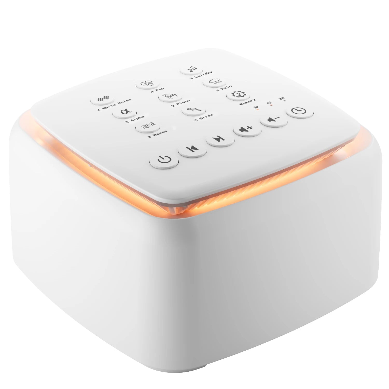 White portable sound machine with orange night light and top control panel.