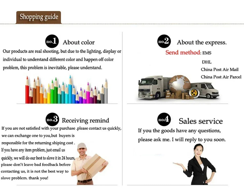 Shopping guide with sections on color, shipping, returns, and customer service.