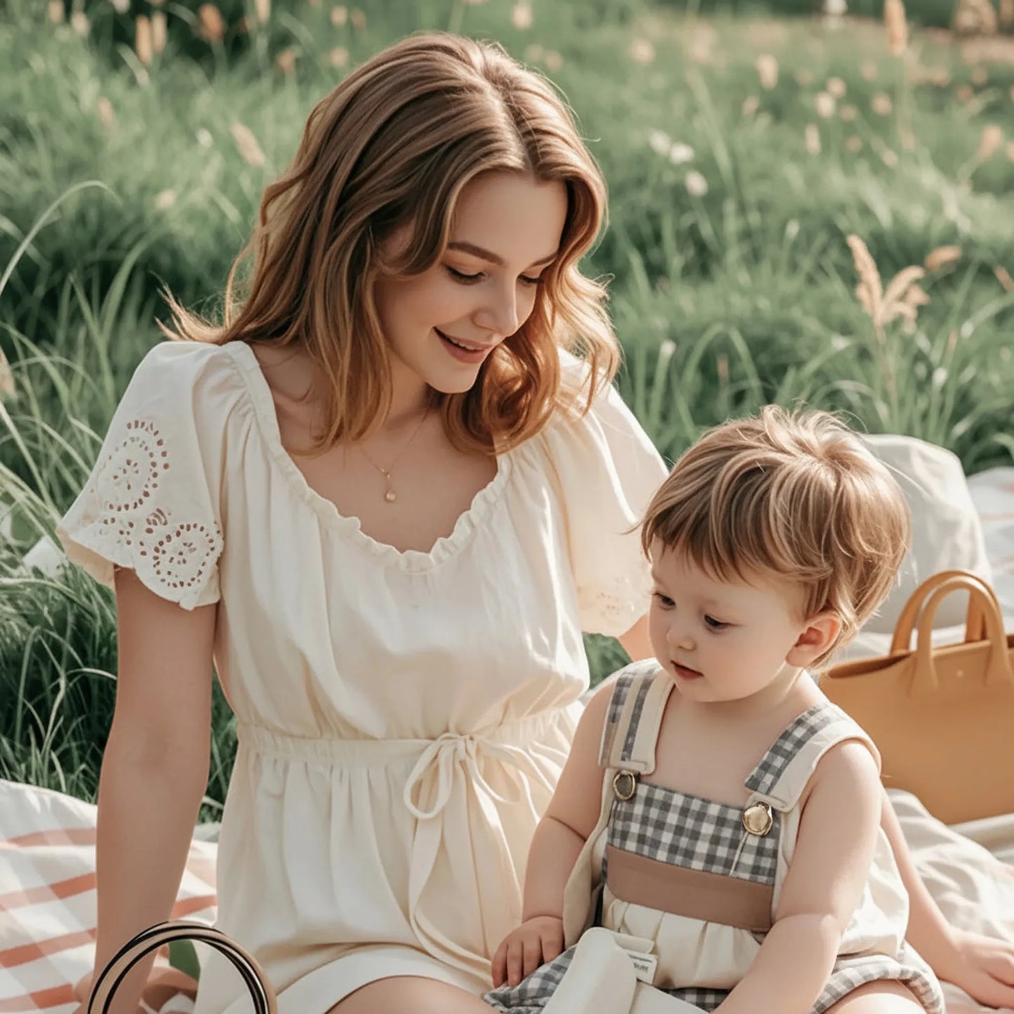 A mother and child enjoying a picnic on a striped blanket in a grassy field.