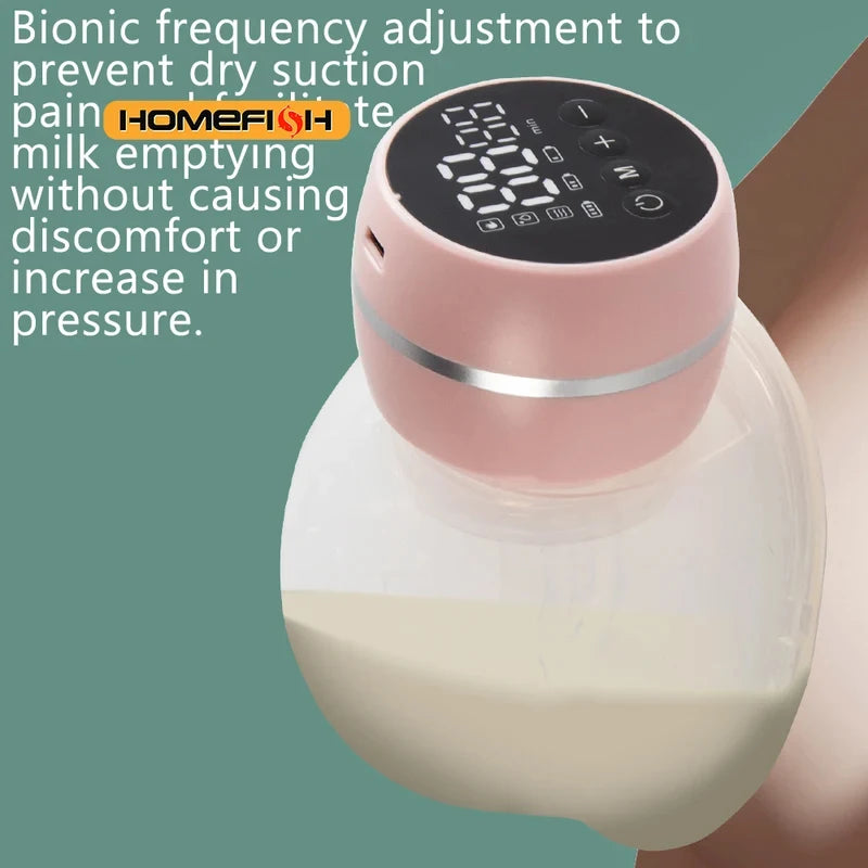 Wearable electric breast pump with pink control unit, digital display, and milk collection bottle.