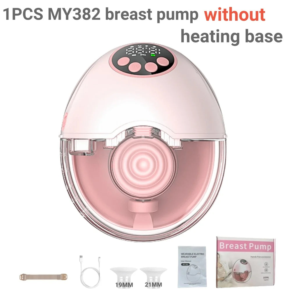 Pink wearable electric breast pump with digital display, without heating base, shown with accessories.