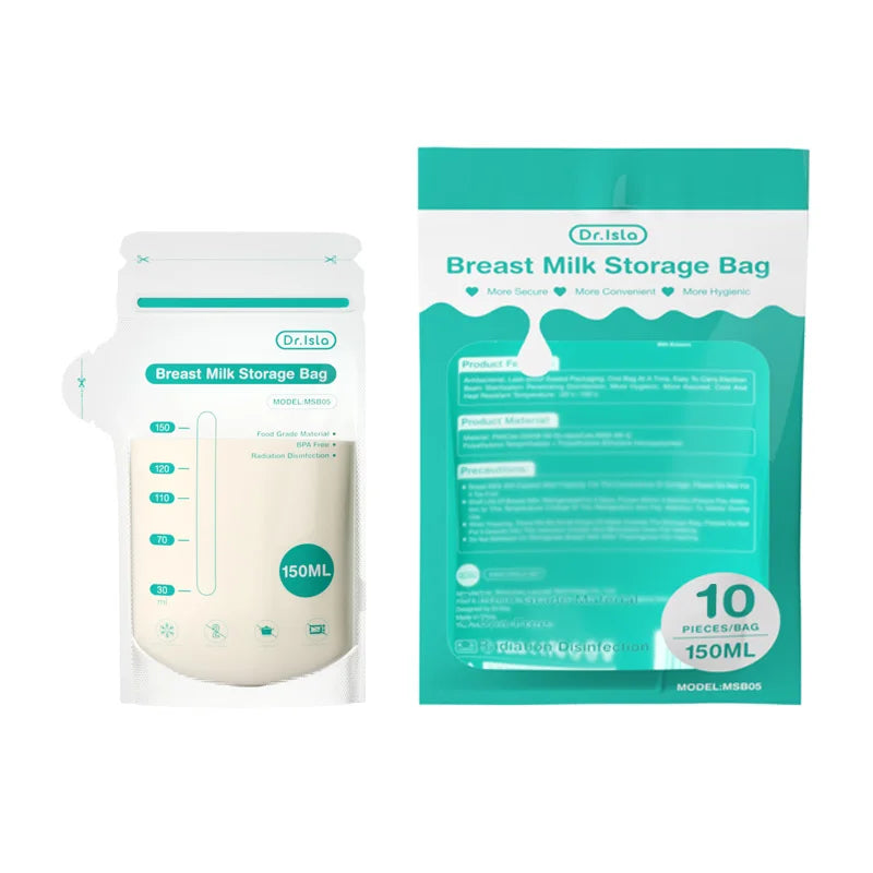 Dr. Isla 150ml breast milk storage bags, one bag filled with milk, and a pack of 10 bags.