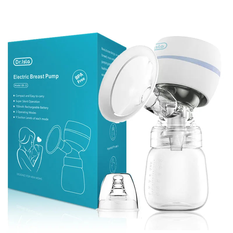 Dr.Islo portable electric breast pump with clear bottle, white motor, and blue packaging.