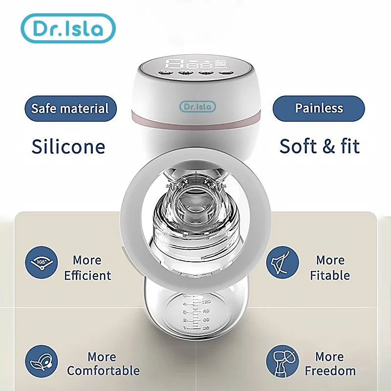 Dr. Isla portable electric breast pump with clear bottle, white and pink top, highlighting silicone material and comfortable fit.