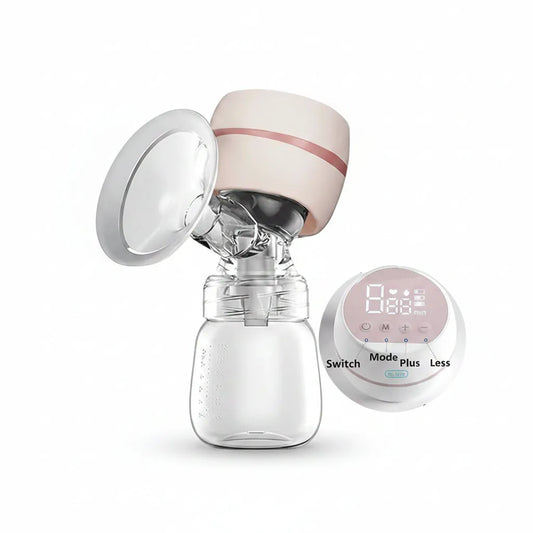 Portable electric breast pump with a pink and white motor, clear bottle, and a separate round digital display.