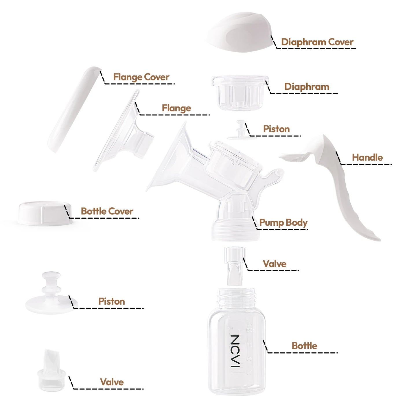 Exploded view of a white manual silicone breast pump, showing all disassembled parts with labels.