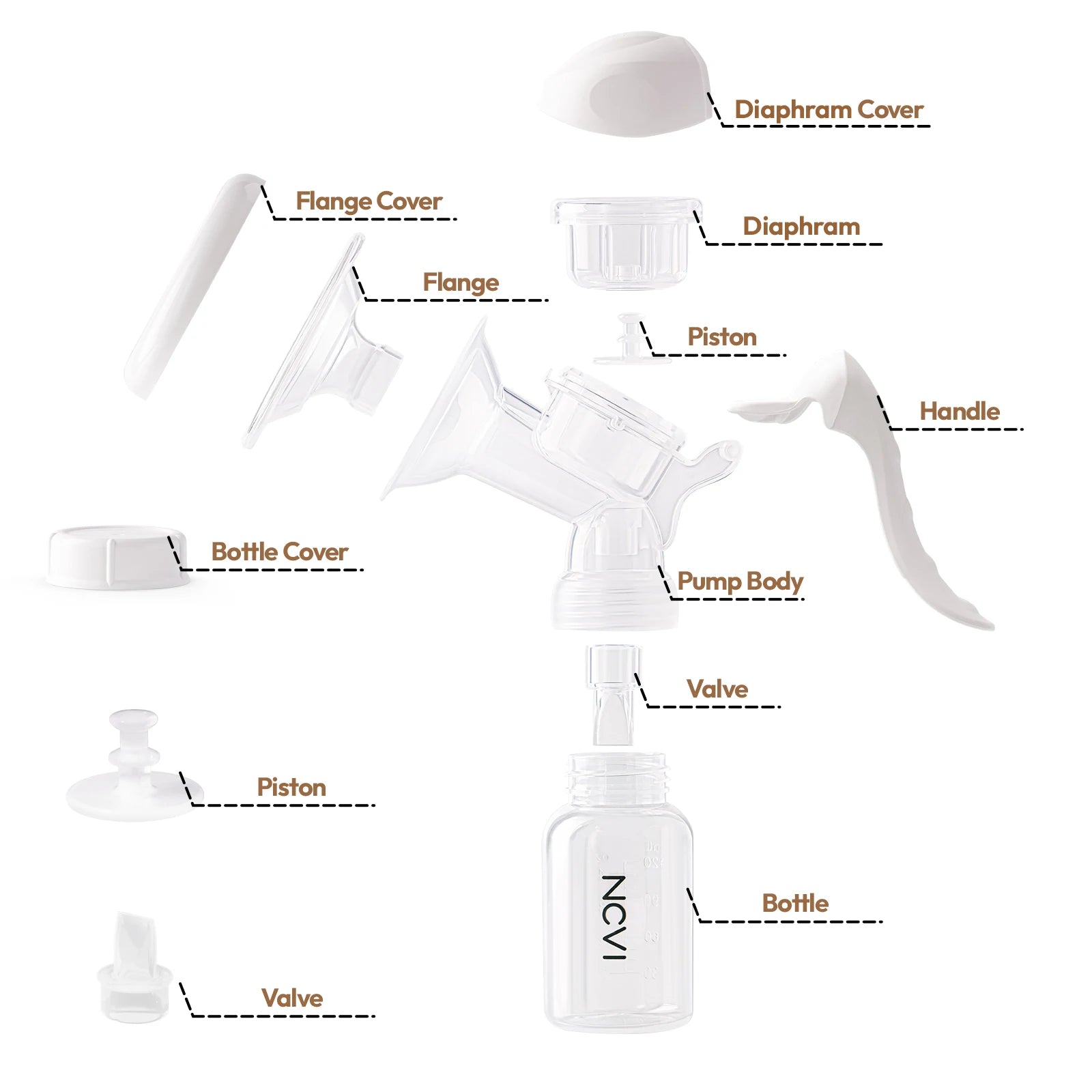 Exploded view of a white manual silicone breast pump, showing all disassembled parts with labels.
