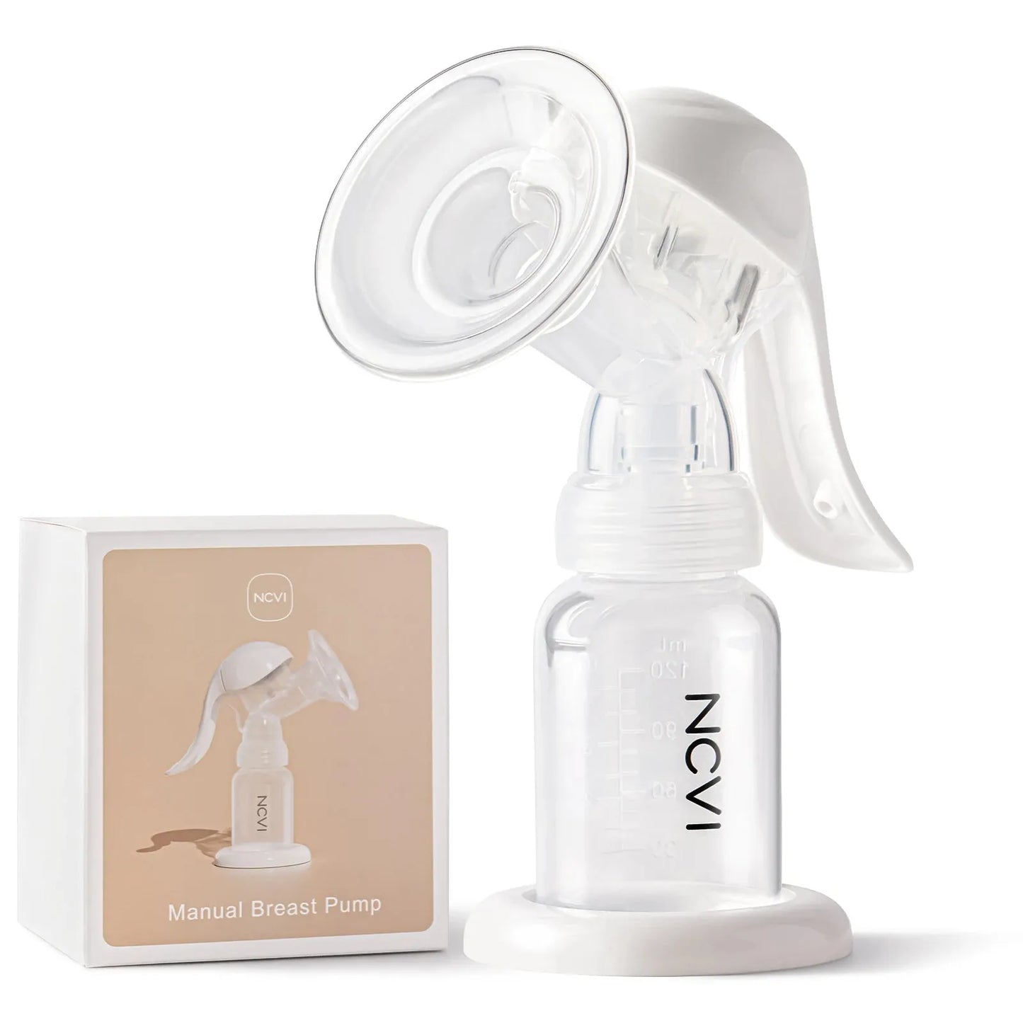 White manual silicone breast pump with clear bottle and matching product box.