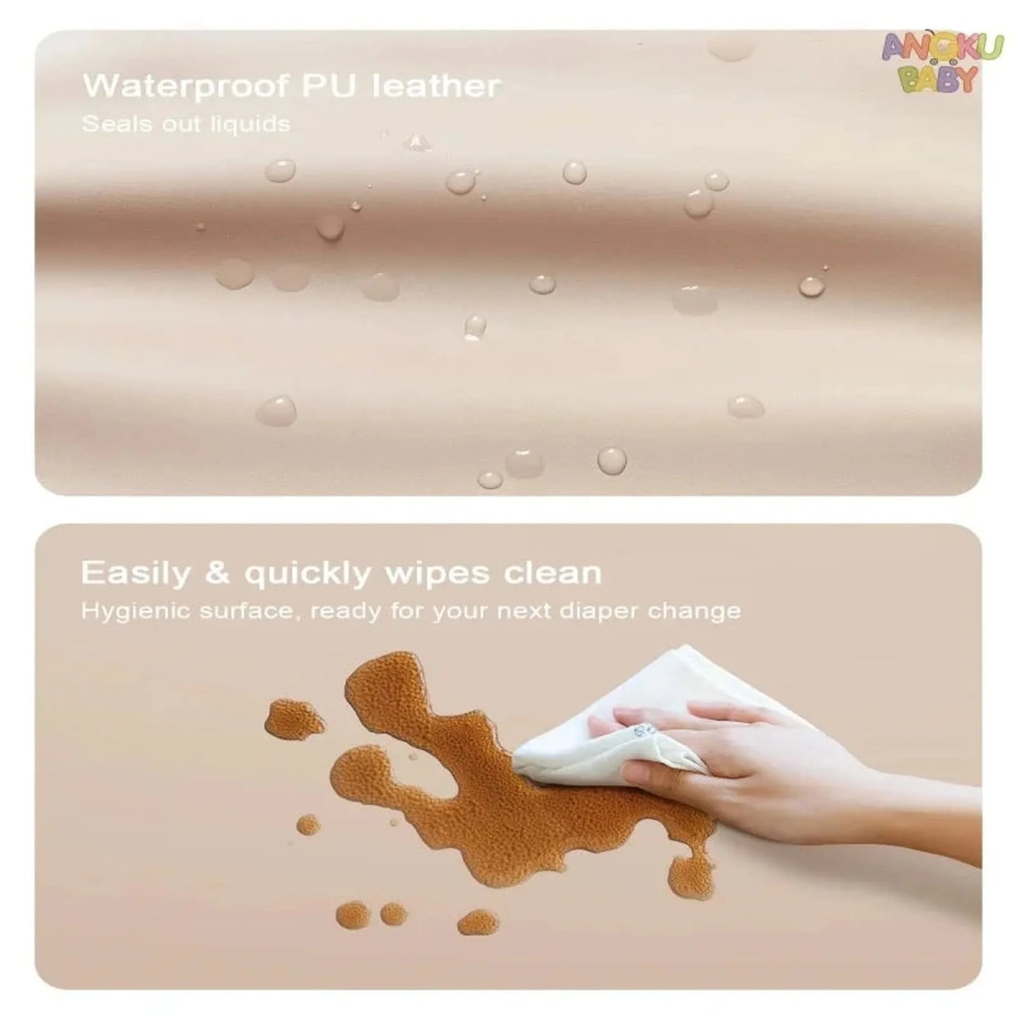 Beige waterproof PU leather changing pad with liquid beads and a hand wiping a spill clean.