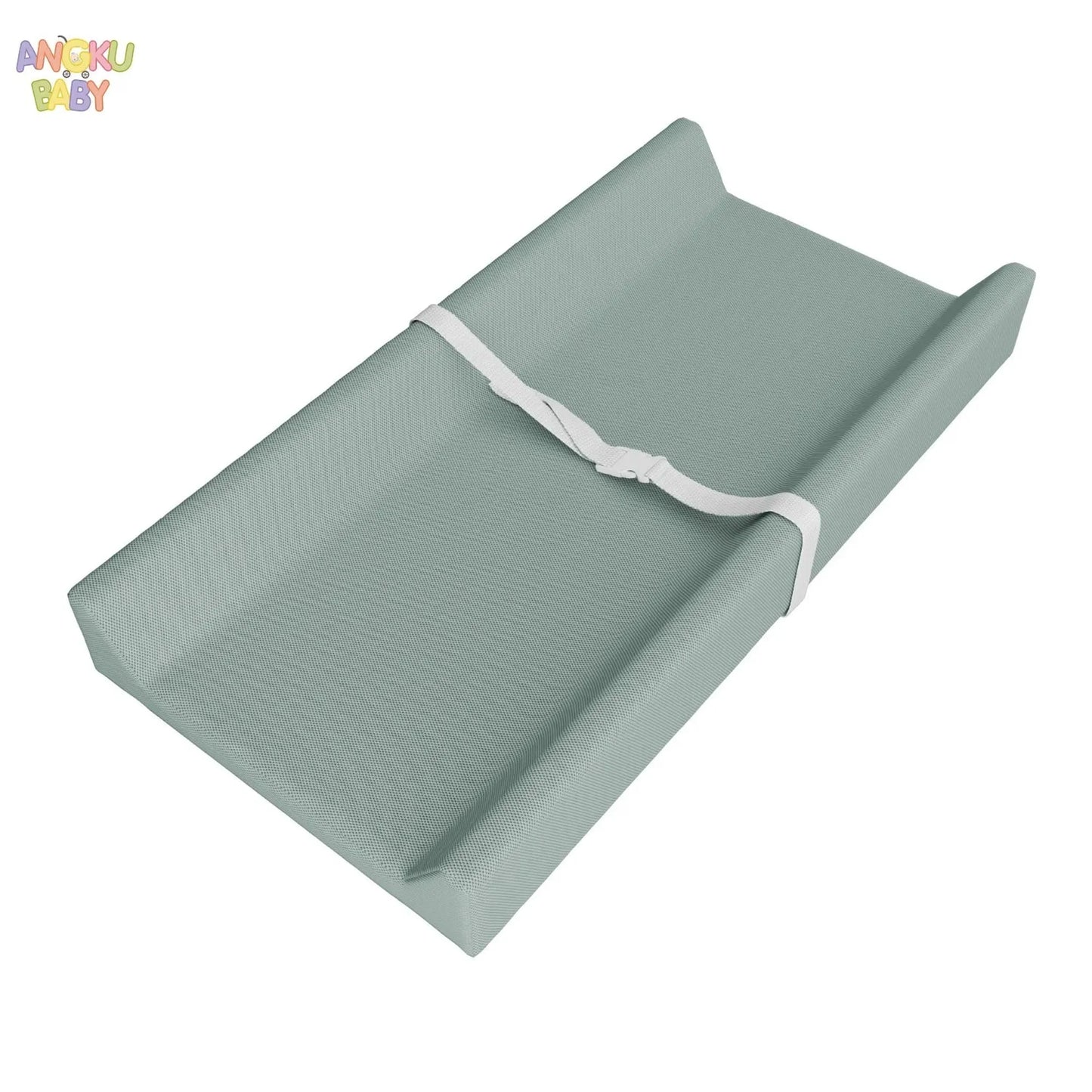 Orthopedic waterproof baby changing pad in light green with safety belt.