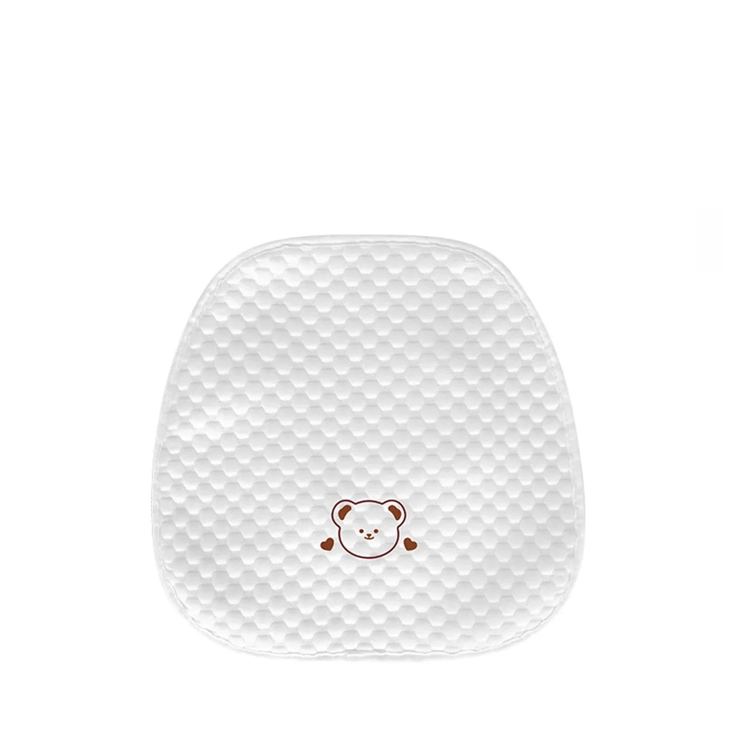 White hexagonal textured baby changing pad for car, with a brown bear face design.