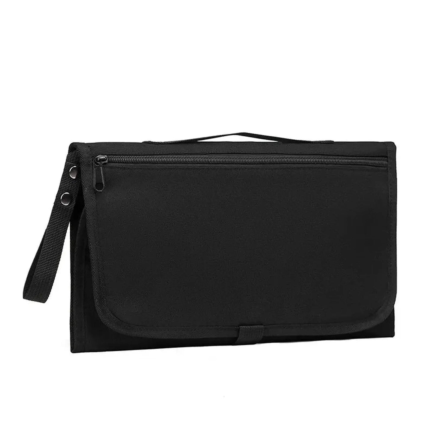 Black portable waterproof baby changing pad with pockets and a strap.