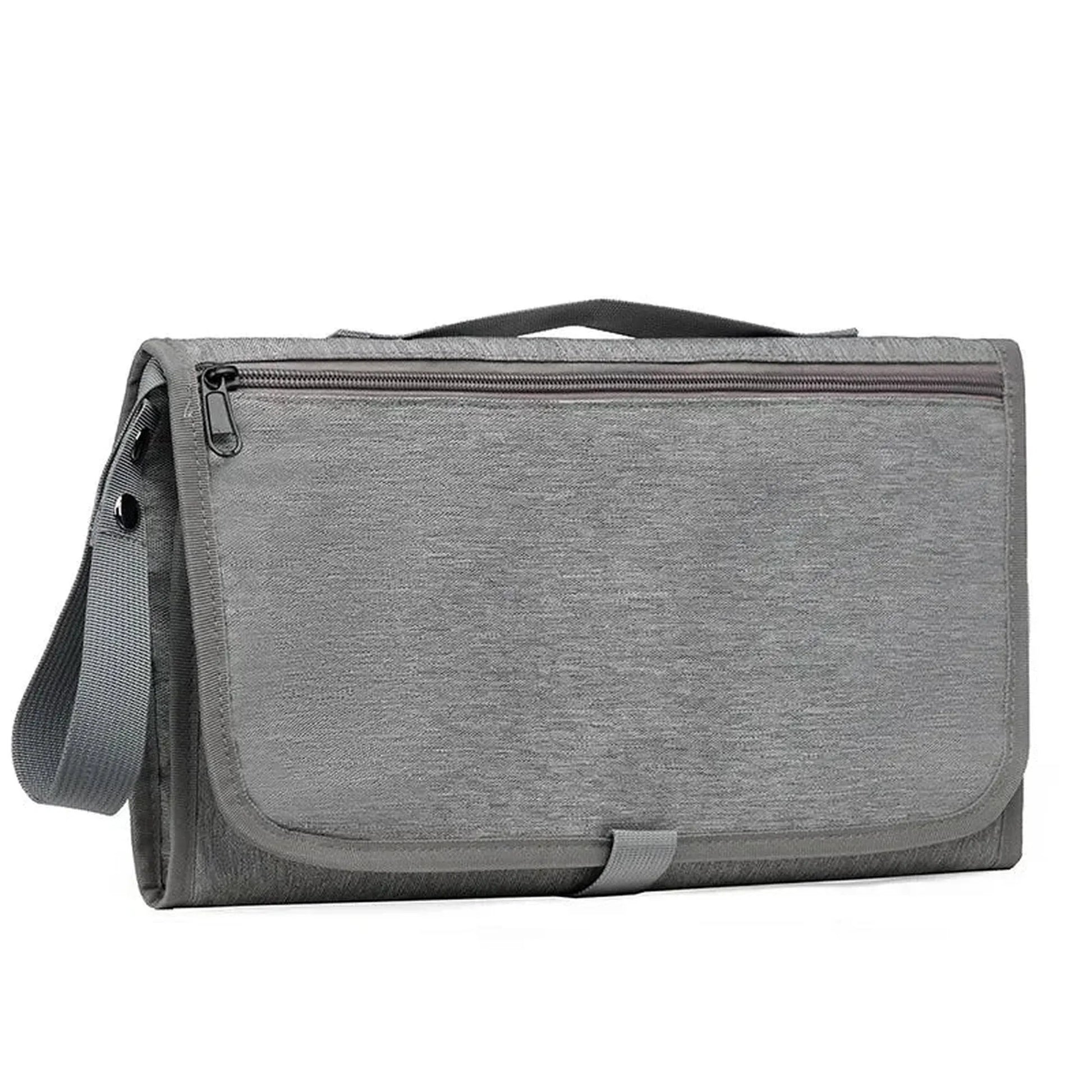 Gray portable waterproof baby changing pad with zipper pocket and carry strap.
