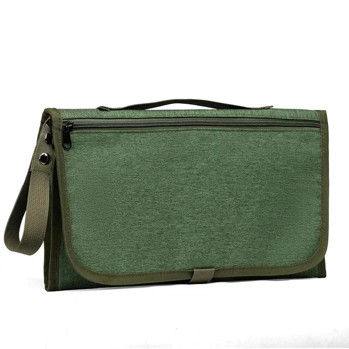 Portable green waterproof baby changing pad with zipper pocket and shoulder strap.