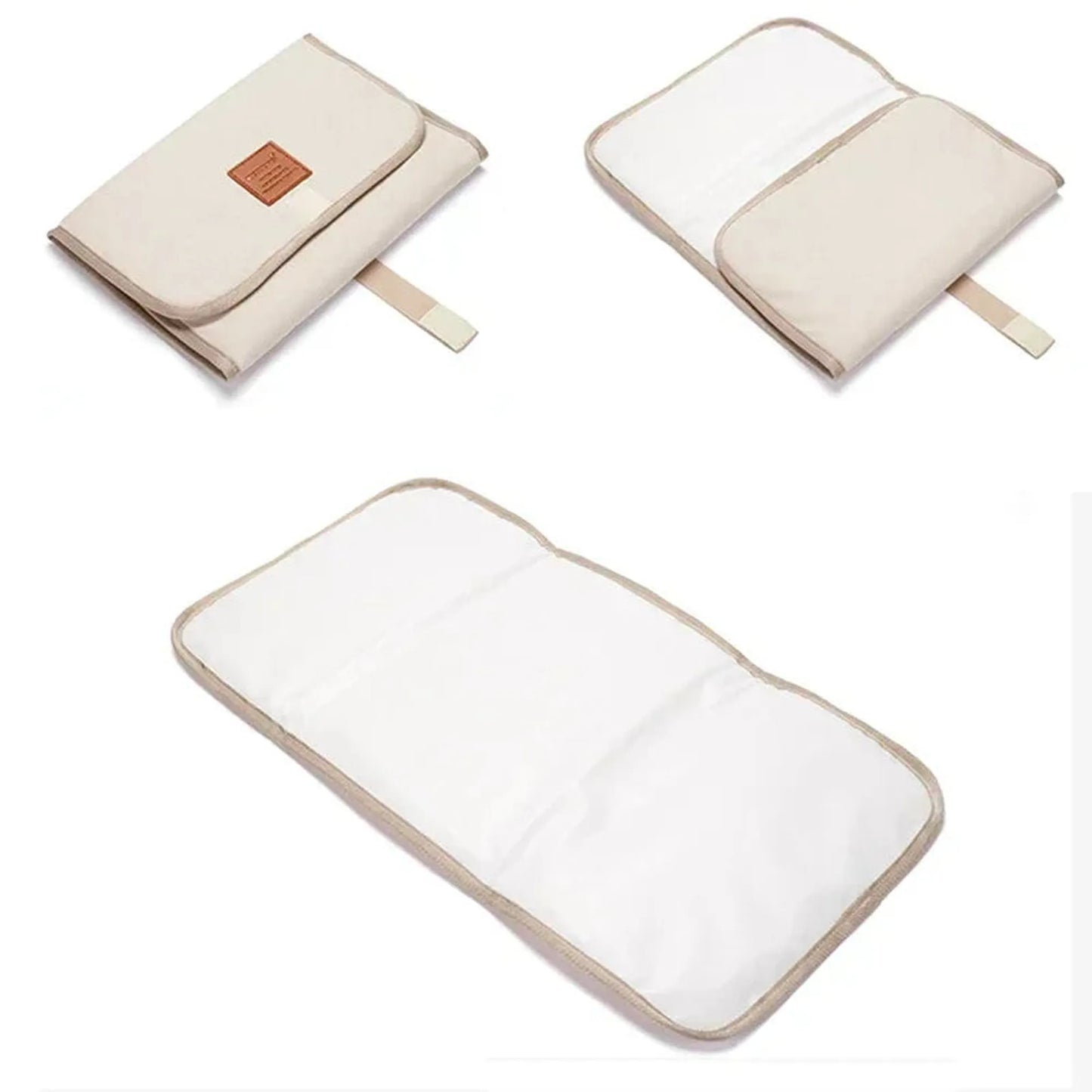 Beige portable waterproof baby changing pad with pockets, shown folded and fully open.