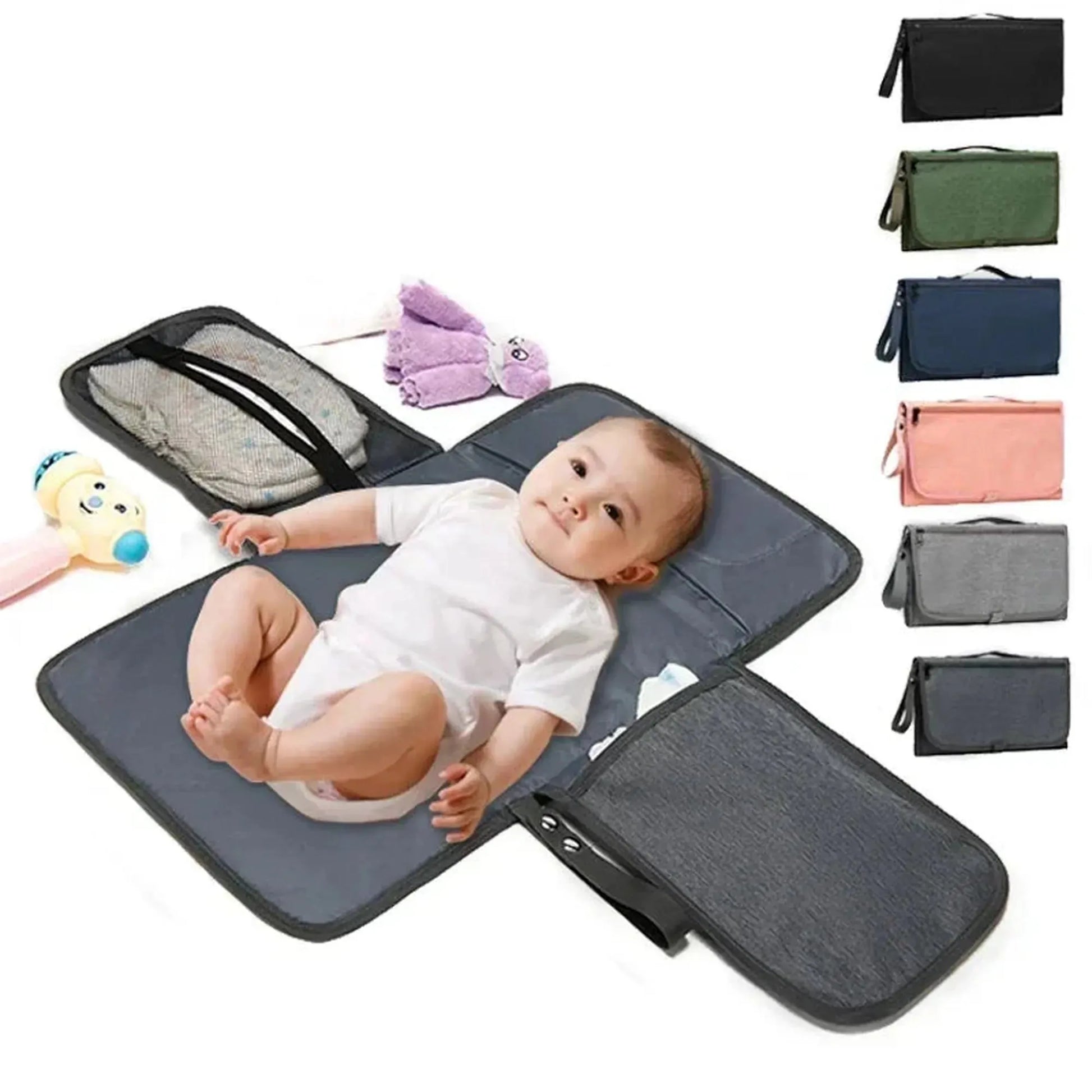 Portable waterproof baby changing pad in gray with storage pockets, shown with a baby and available in multiple colors.