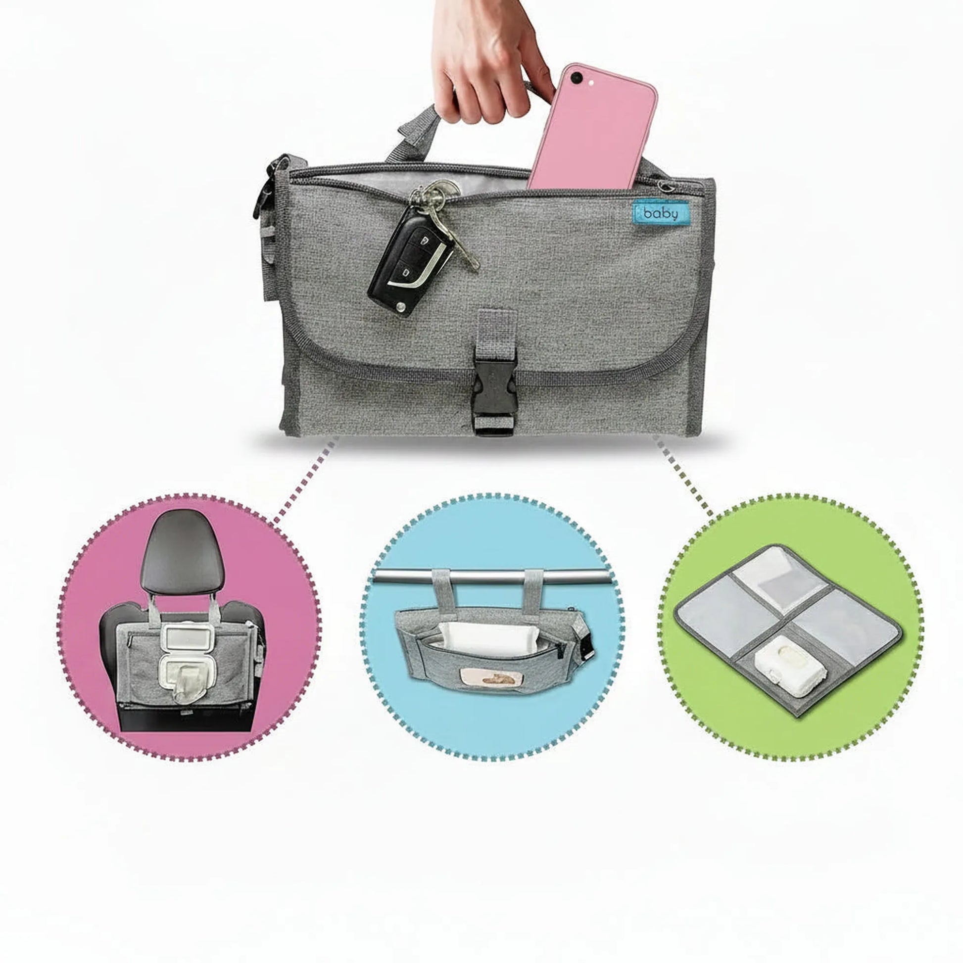 Gray portable waterproof changing pad with storage pockets, shown folded and open, attaching to a car seat and stroller.