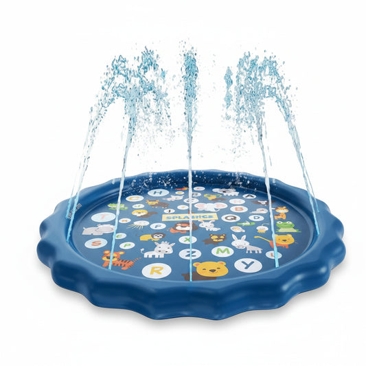 Blue inflatable splash pad with alphabet and animal graphics, spraying water.