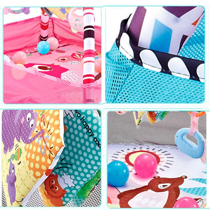 Pink baby activity mat with colorful play arches, hanging toys, and soft balls.