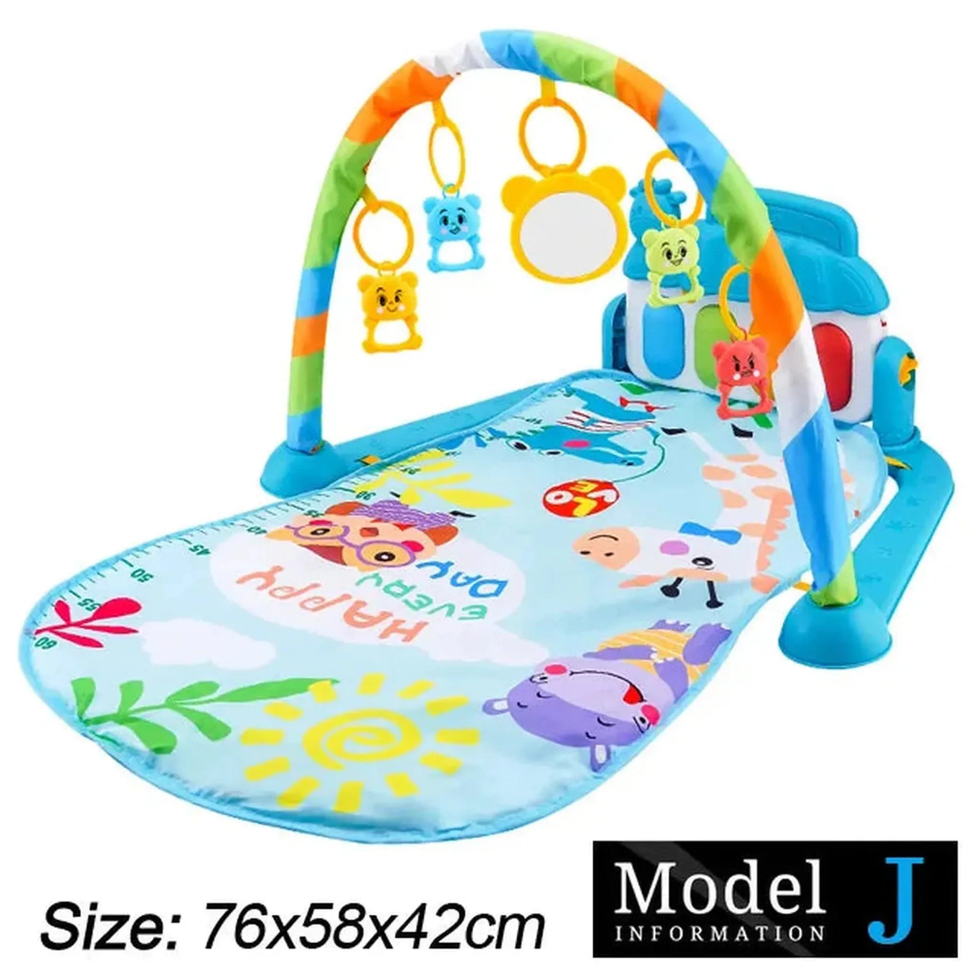 Blue baby activity play mat with colorful arch, hanging toys, and a detachable musical piano.