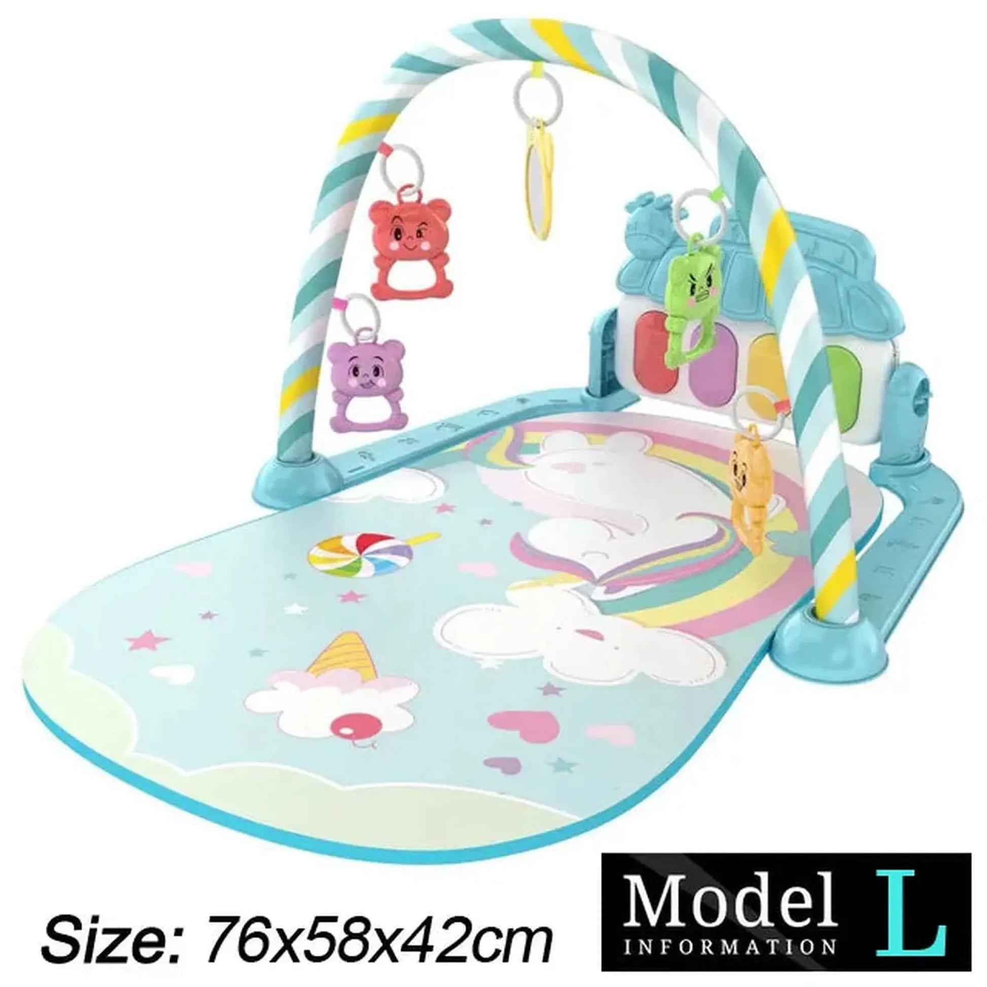 Colorful baby activity mat with piano, hanging toys, and unicorn design.