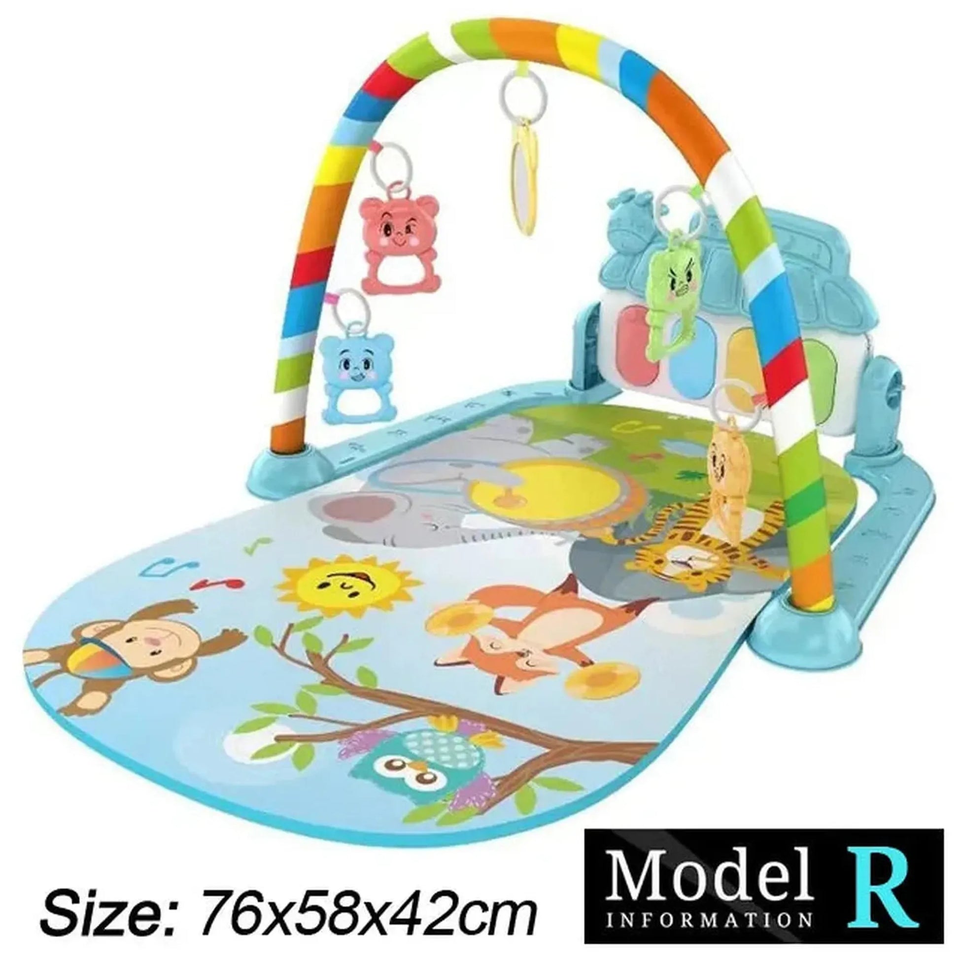 Colorful baby activity mat with a rainbow arch, hanging animal toys, and a blue musical piano.
