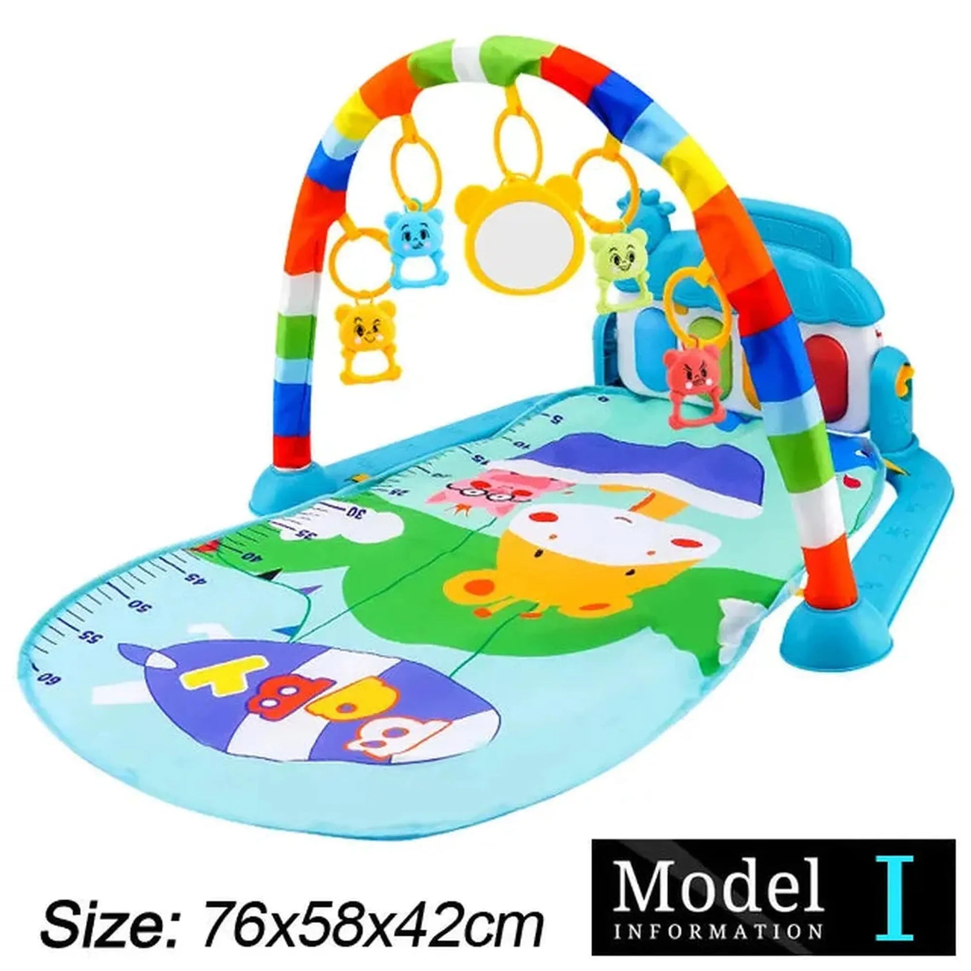 Colorful baby activity mat with piano, hanging toys, and measurement markings.