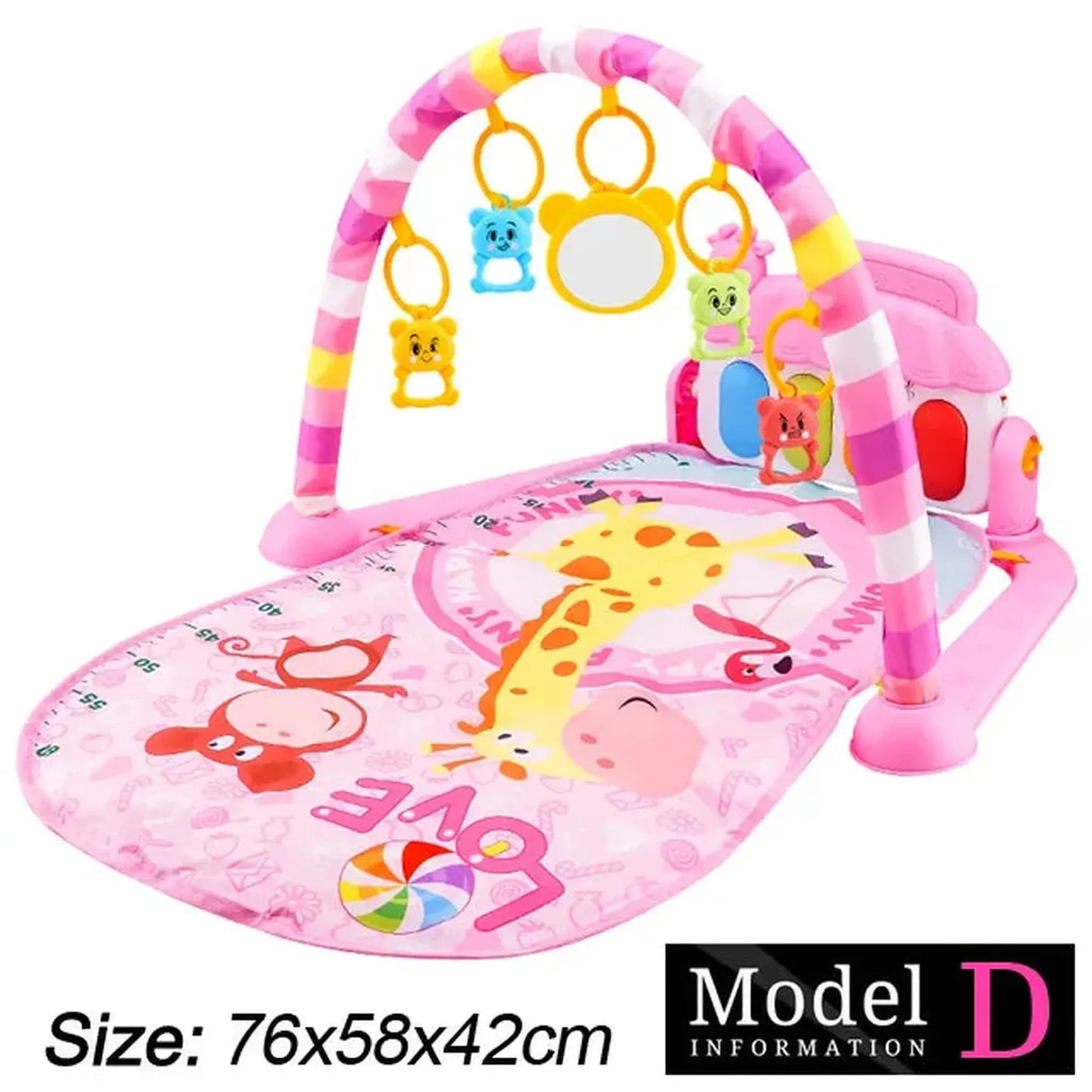 Pink baby activity mat with musical piano, hanging toys, and colorful animal graphics.