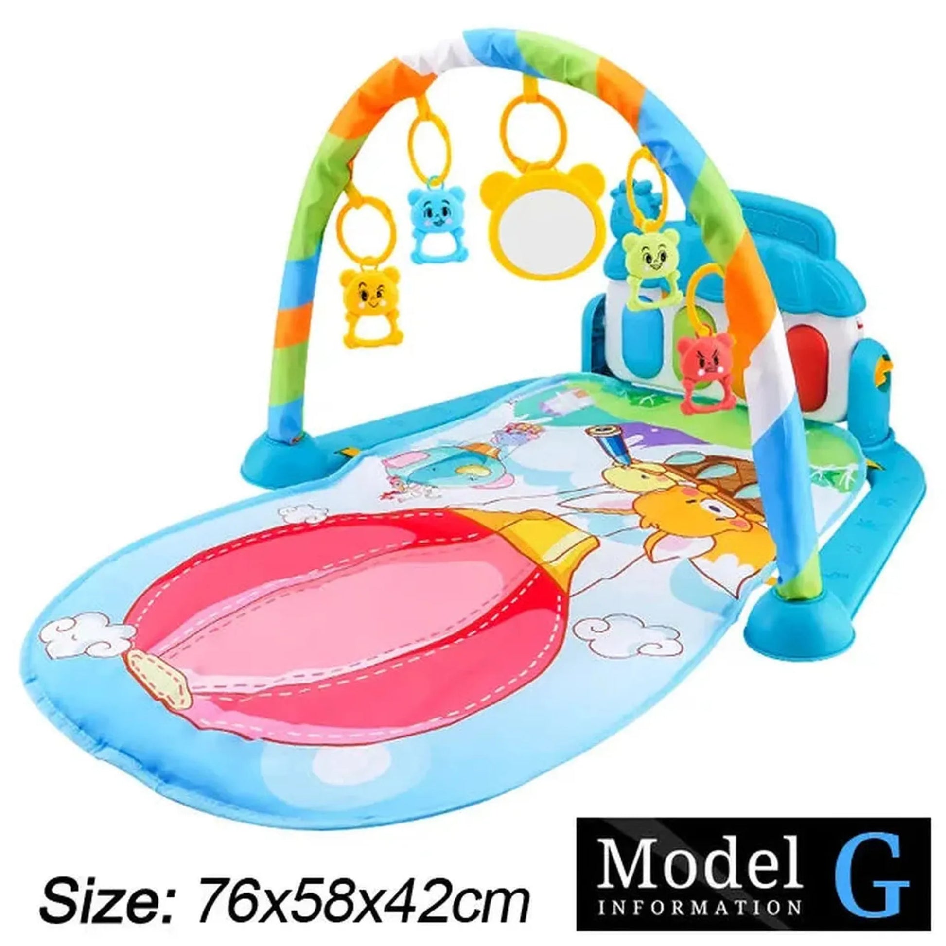 Blue baby activity mat with colorful arch, hanging toys, and a musical piano.