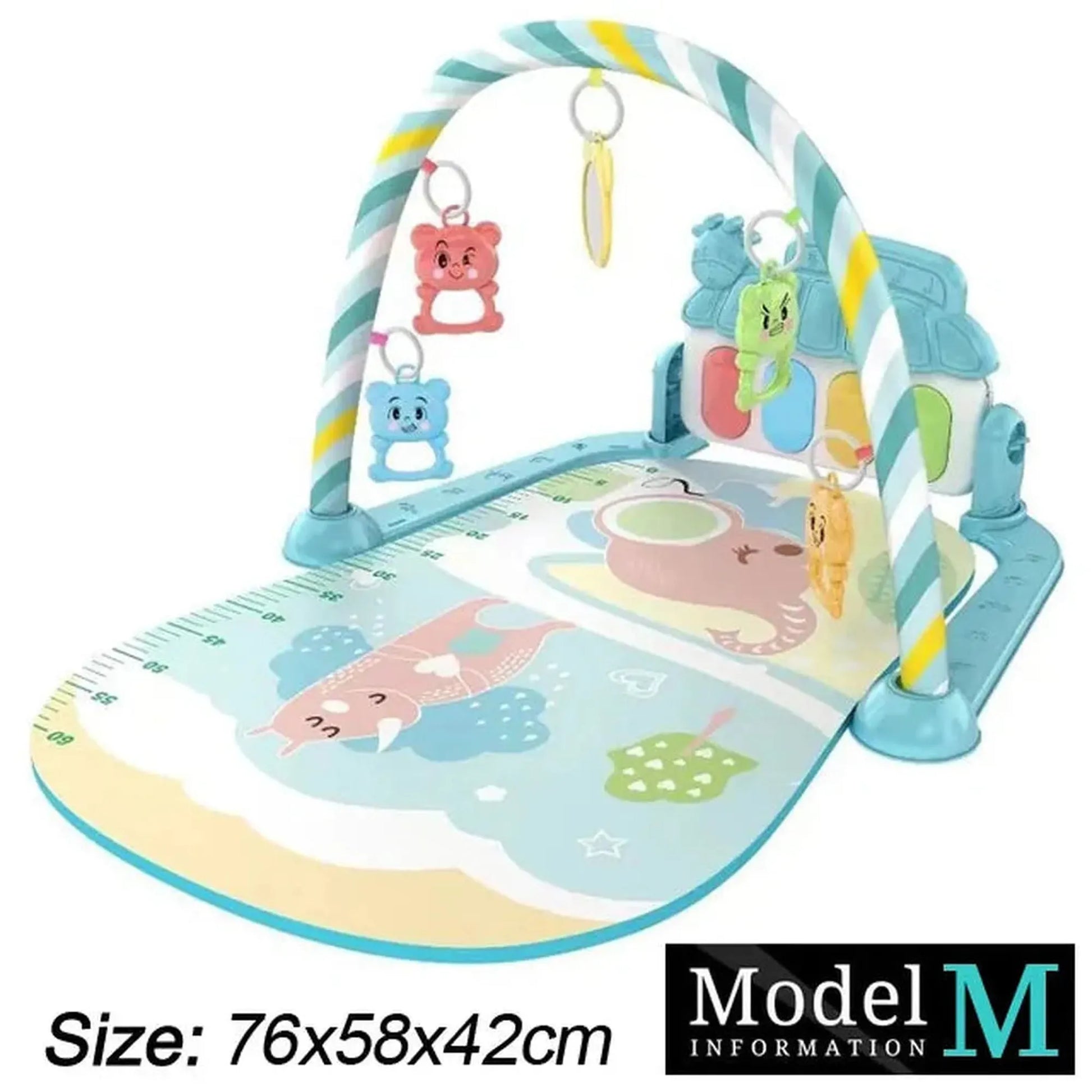 Baby activity mat with musical piano, colorful animal graphics, hanging toys, and striped arch.