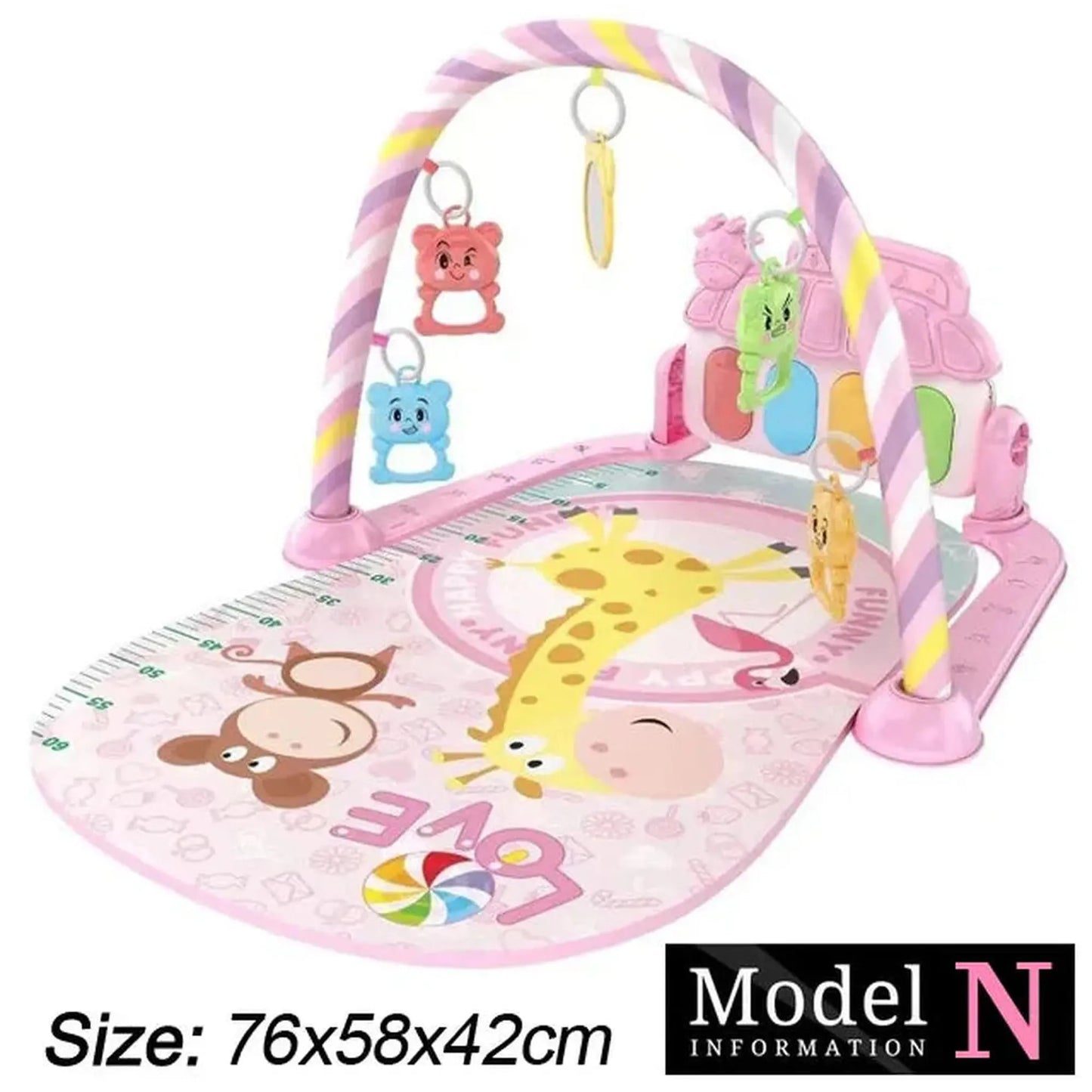 Pink baby activity mat with a musical piano, hanging animal toys, and a giraffe design.