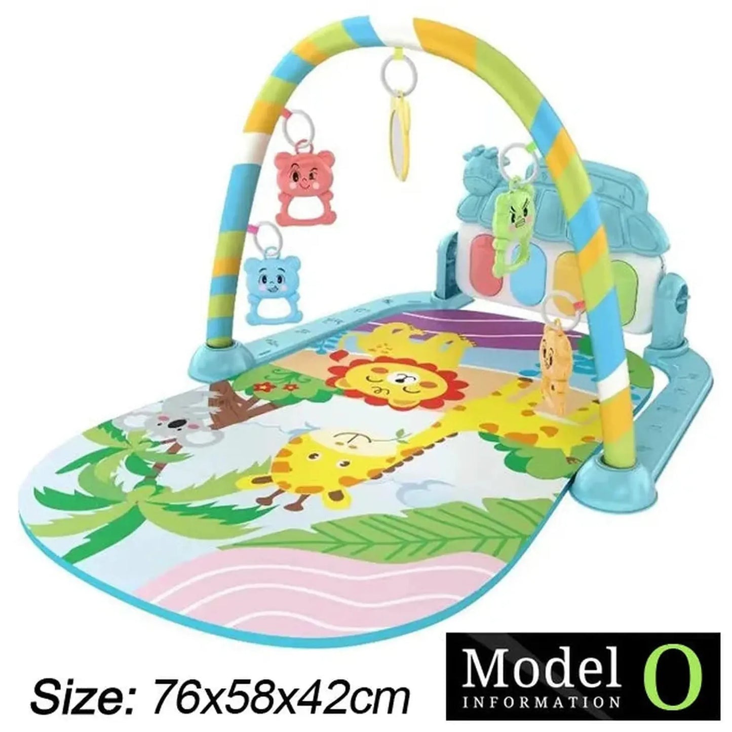 Colorful baby activity mat with piano, animal toys, and overhead arch.