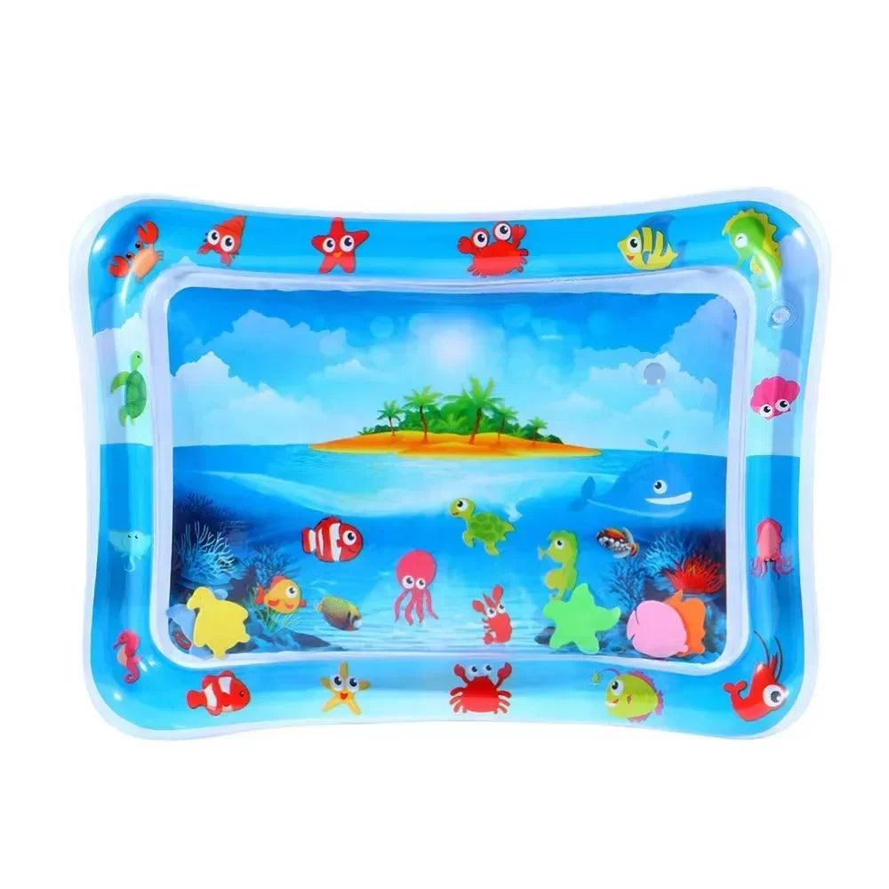 Inflatable blue baby water play mat with floating sea creatures and an island design.