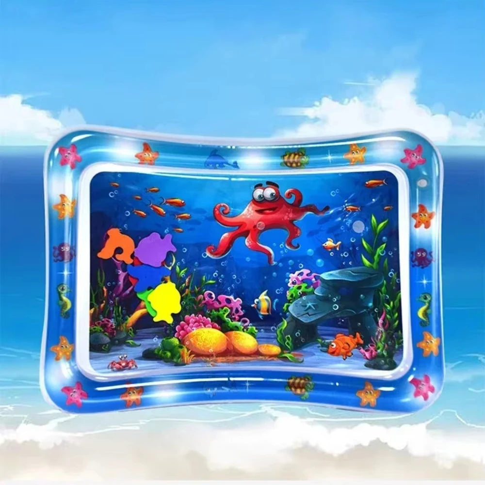 Inflatable baby water play mat with colorful floating sea creatures for sensory and motor development.