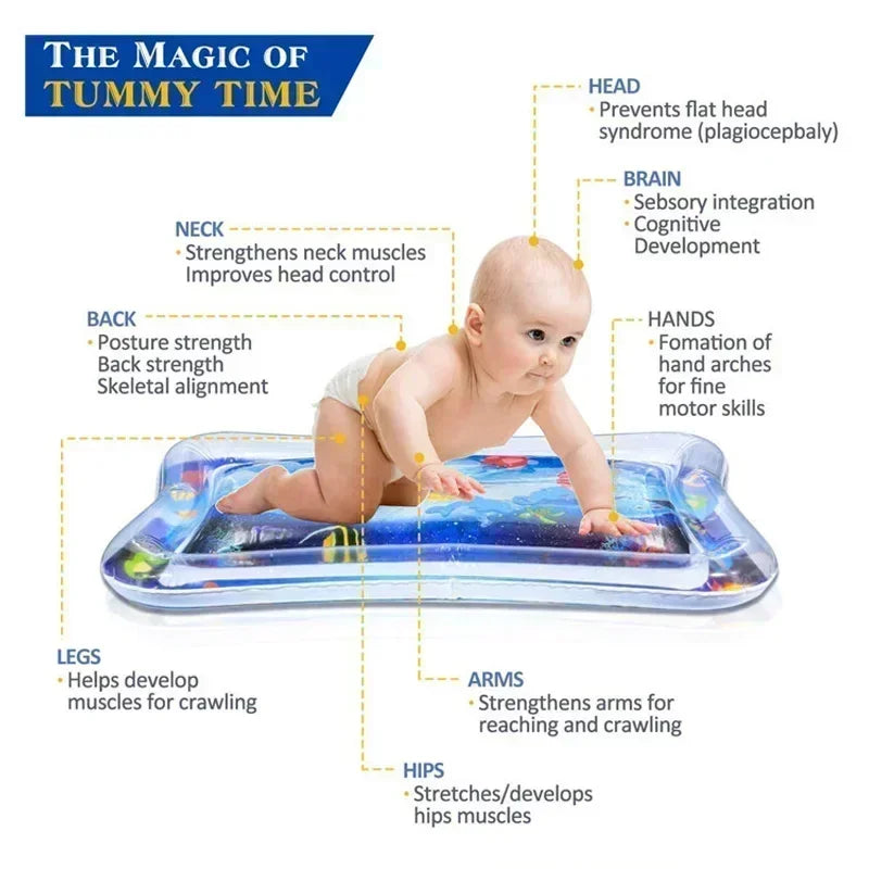 Baby on a clear inflatable water play mat with colorful floating sea creatures, promoting motor development.